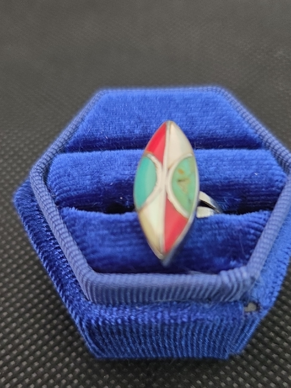 Turquoise & Red Inlay Marquise Ring With MOP.